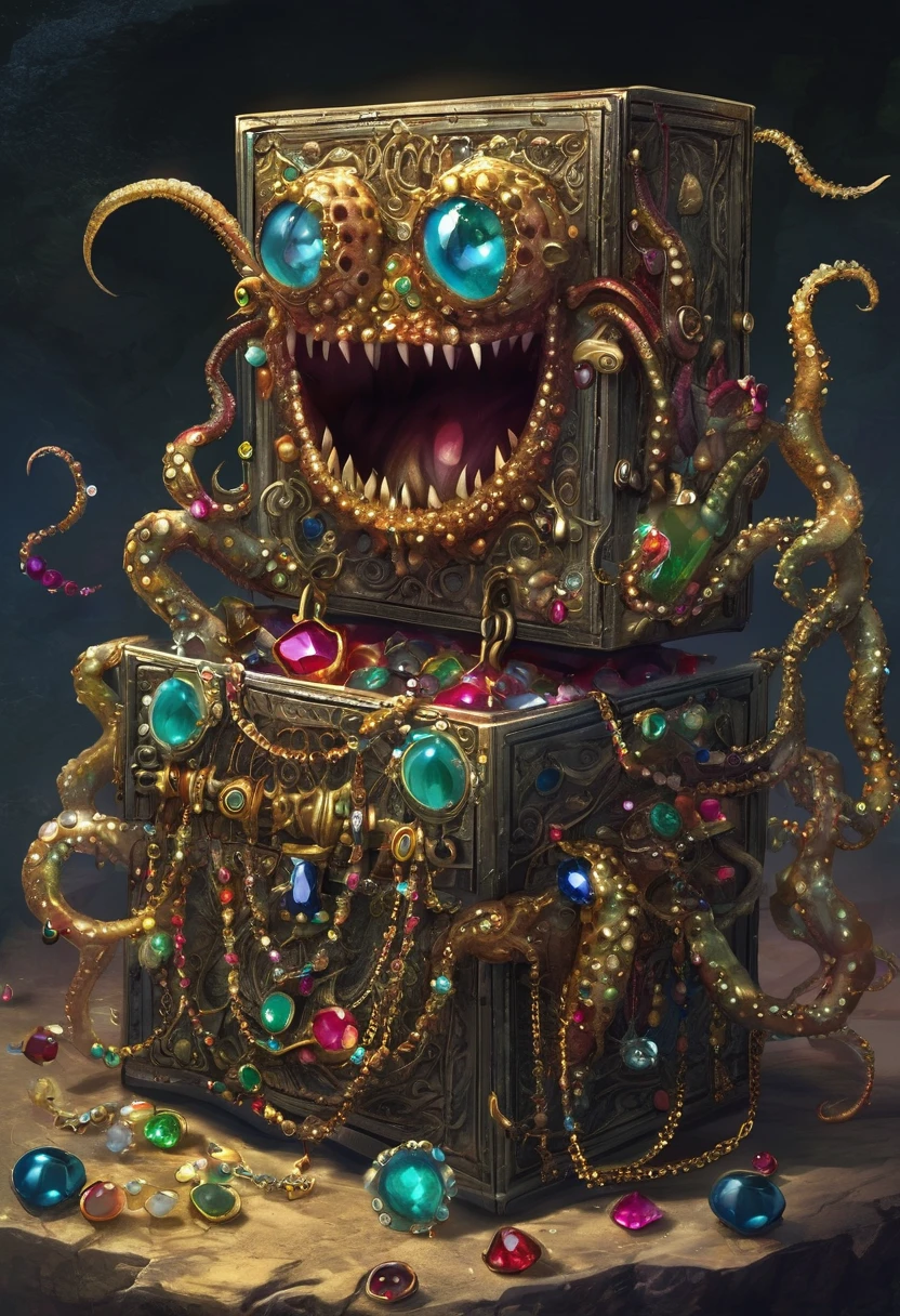 Strange box monster full of jewels - one eye - sharp teeth - ugly，Long tentacles，Scattered jewelry