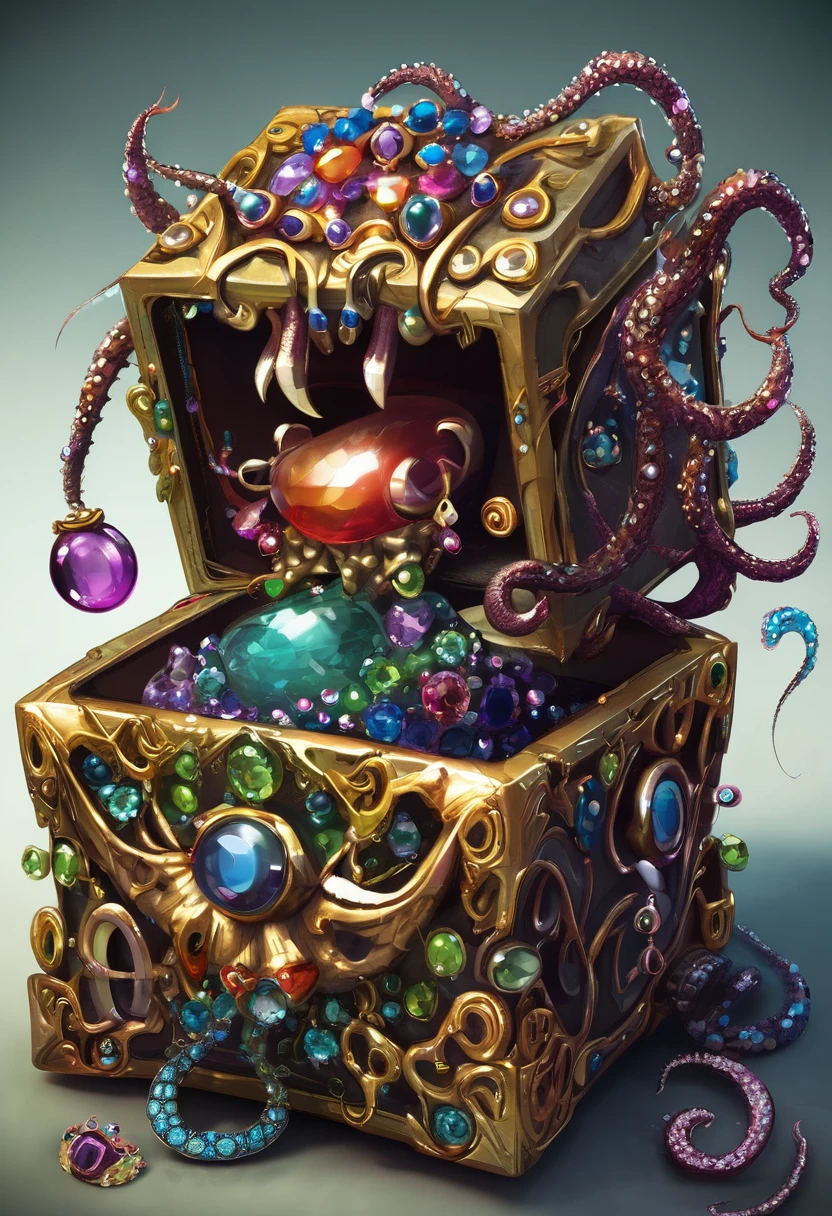 Strange box monster full of jewels - one eye - sharp teeth - ugly,Long tentacles,Scattered jewelry