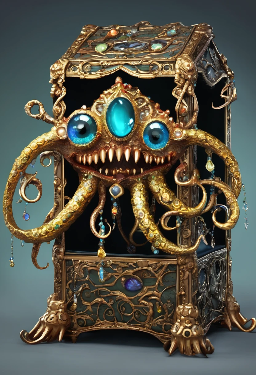 Strange box monster full of jewels - one eye - sharp teeth - ugly,Long tentacles,Scattered jewelry