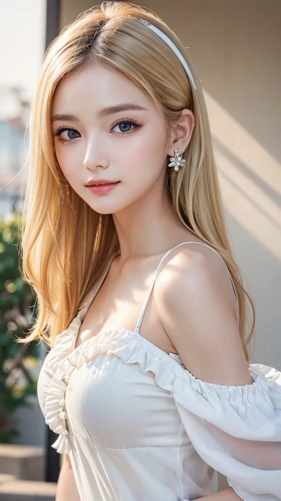 (((Blonde、forehead、White background、シンプルな無地のWhite background、Frills、race)))、Highest quality, White skin, Real human skin, (Detailed face), Oval Face, pores, Ultra-high resolution, (8K, RAW Photos, Realistic:1.4), One girl, slim, (She looks straight at the viewer with a calm, goddess-like happiness.:1.2), (Lifter Gloss, eyelash, Shiny surface, Highest quality, Ultra-high resolution, Wide lighting, Natural Shading), Teacher Fashion, No sleeve, dress, Put your arms behind your back:1.3,  Bokeh, Depth of written boundary, Cowboy Shot:1.3,