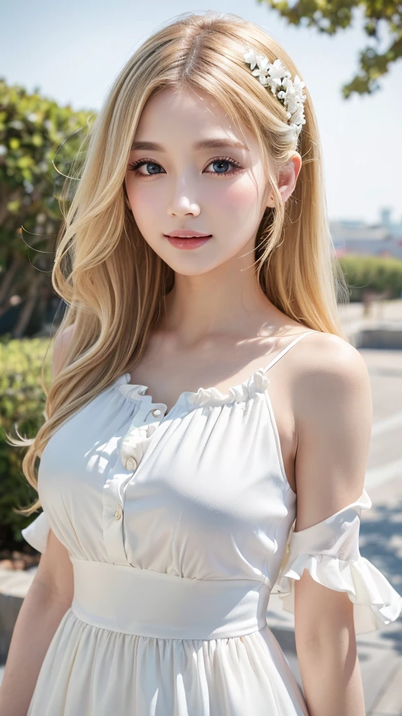 (((Blonde、forehead、White background、シンプルな無地のWhite background、Frills、race)))、Highest quality, White skin, Real human skin, (Detailed face), Oval Face, pores, Ultra-high resolution, (8K, RAW Photos, Realistic:1.4), One girl, slim, (She looks straight at the viewer with a calm, goddess-like happiness.:1.2), (Lifter Gloss, eyelash, Shiny surface, Highest quality, Ultra-high resolution, Wide lighting, Natural Shading), Teacher Fashion, No sleeve, dress, Put your arms behind your back:1.3, Bokeh, Depth of written boundary, Cowboy Shot:1.3,