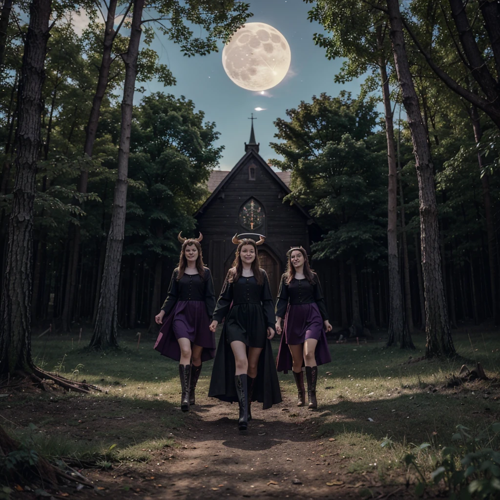 In the middle of a clearing in a dark forest, a Christian church is burning in large flames and around the burning church, anthropomorphic goats dance, some dressed in beautiful purple and pink dresses and black boots, others dressed in red dresses and black boots in their hands and horns they carry red roses, the goats celebrate they look very happy. In the evening sky, a full gibbous moon shines.