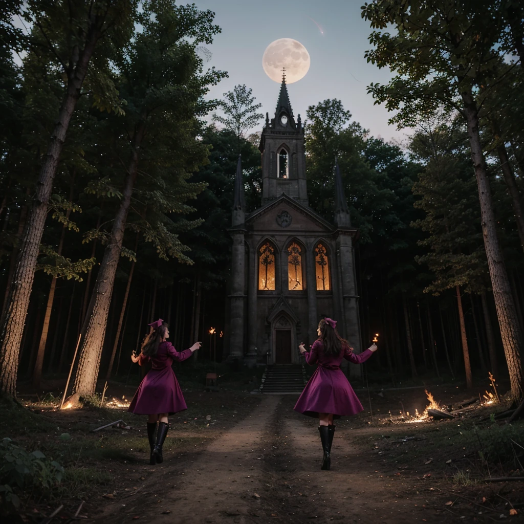 In the middle of a clearing in a dark forest, a Christian church is burning in large flames and around the burning church, anthropomorphic goats dance, some dressed in beautiful purple and pink dresses and black boots, others dressed in red dresses and black boots in their hands and horns they carry red roses, the goats celebrate they look very happy. In the evening sky, a full gibbous moon shines.