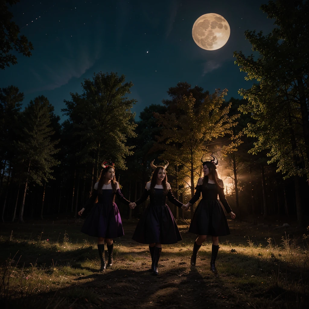 In the middle of a clearing in a dark forest, a Christian church is burning in large flames and around the burning church, anthropomorphic goats dance, some dressed in beautiful purple and pink dresses and black boots, others dressed in red dresses and black boots in their hands and horns they carry red roses, the goats celebrate they look very happy. In the evening sky, a full gibbous moon shines.