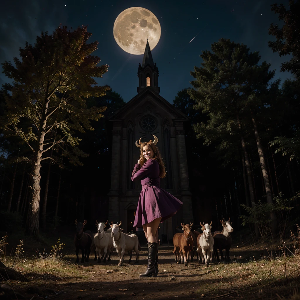In the middle of a clearing in a dark forest, a Christian church is burning in large flames and around the burning church, anthropomorphic goats dance, some dressed in beautiful purple and pink dresses and black boots, others dressed in red dresses and black boots in their hands and horns they carry red roses, the goats celebrate they look very happy. In the evening sky, a full gibbous moon shines.