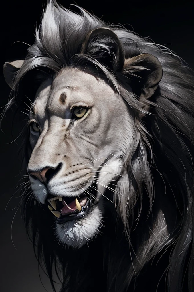 a handsome lion in asuite, fierce eyes, chad lion, dark theme, soothing tones, (high contrast, hyperrealism, sharp), from side down, the lion looking down, no smile, cold face, handsome lion