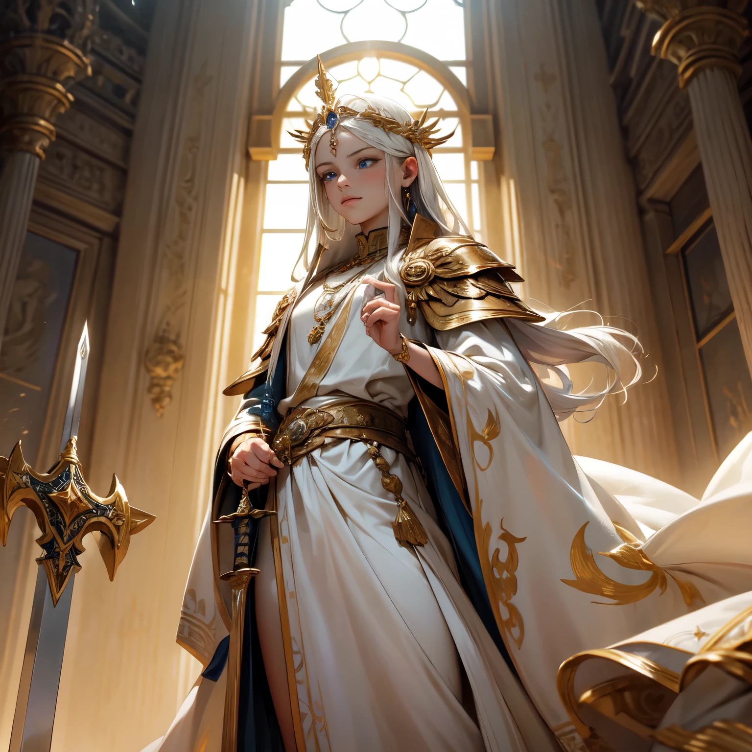 Crie uma imagem digital ultra HD de 8K de um majestoso monarca sagrado celestial de cabelos loiros, long and braided, vestido com trajes de realeza, na torre de vigia do castelo. The monarch has bright blue eyes and pale skin. He is dressed in a royal robe of white velvet with gold and silver trim., Adorned with magical jewels that glow softly. Ele usa uma coroa de ouro com pedras preciosas, gold bracelets on her wrists and a magical amulet around her neck. Na torre de vigia, o monarca empunha a Espada de Zeus. The sword is made of celestial gold and emits golden rays, with divine inscriptions along the blade that shine brightly. The hilt of the sword is adorned with small rays and lightning., simbolizando seu poder supremo. Ele segura a espada em uma pose de alerta, ready to protect your kingdom from imminent threats, while electric sparks dance around you. The Sword of Zeus is known for its ability to control thunder and lightning, e uma aura de poder divino emana dela. The watchtower is sturdy, with windows offering panoramic views of the surrounding lands. Observation equipment, like telescopes and maps, are arranged throughout the room. The environment is lit by magical torches that emit a constant, clear light.. The image should capture the feeling of vigilance and protection of the watchtower, highlighting the monarch's interaction with the Sword of Zeus.