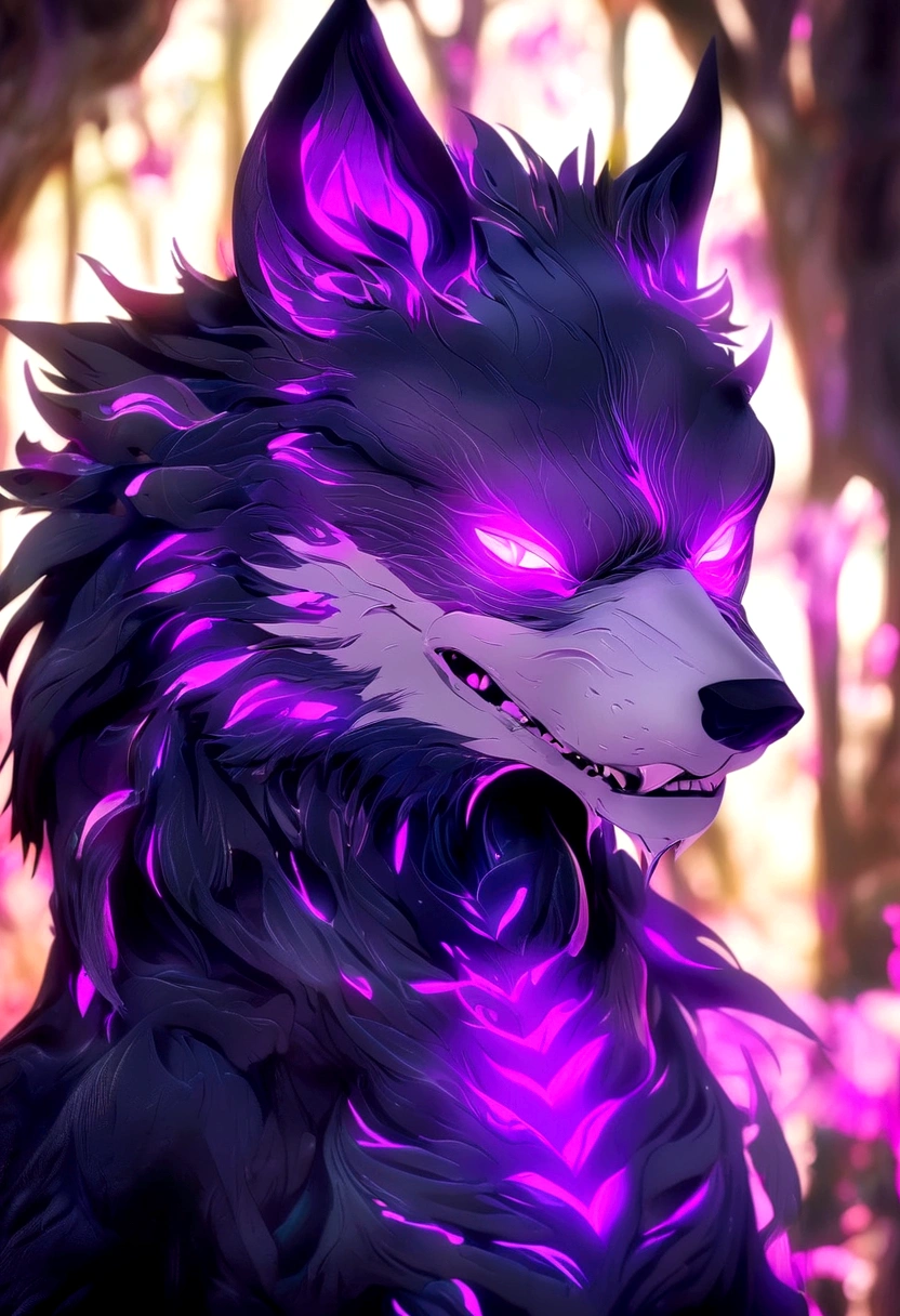 4K, best qualityer, perfectly shadowed, velues, anthropo, velues art, male wolf, purple wolf, (two tone skin), hairy bodies, purples eyes, (seducing gaze), body skinny, perfect male figure,  Abdomen, skin detailed, face detailed, detailed back ground, wolf tail, (detailedeyes)