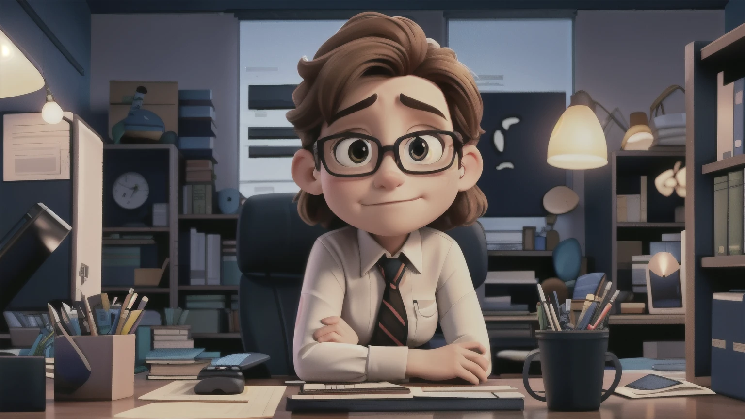 An exhausted office worker slumped over their desk, surrounded by stacks of paper and glowing computer screens, dark office setting, dim lighting, realistic, sense of overwhelming pressure