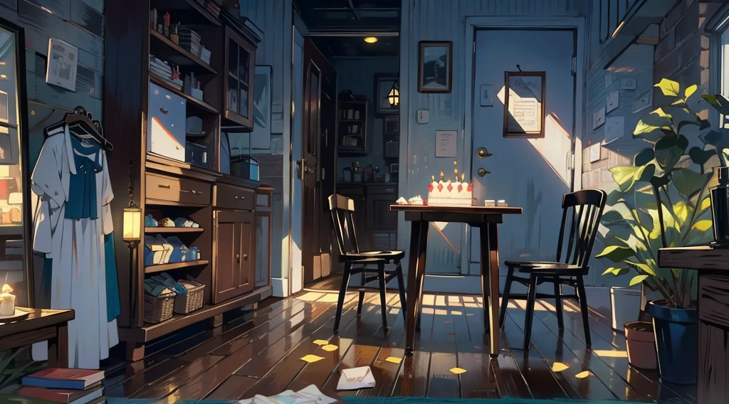 （best quality，masterpiece：1.2，detailed details，4k），A dim old apartment, a small birthday cake on an old wooden table, a modern apartment, an alarm clock on the wall, an anime scene,the wooden floor, 