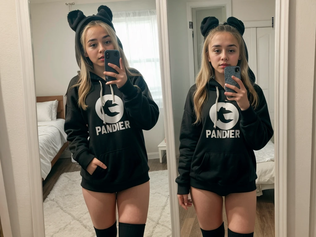 Sabrina Carpenter, no pants, no panties, selfie mirror, backwards, hoodie, socks