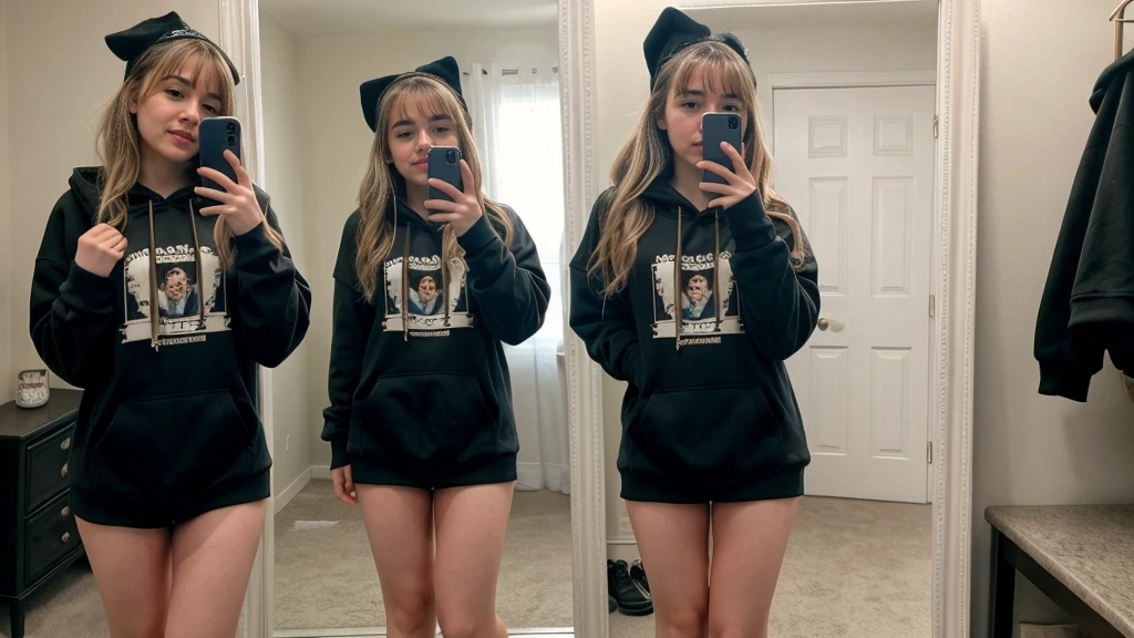 Sabrina Carpenter, no pants, no panties, selfie mirror, backwards, hoodie, socks
