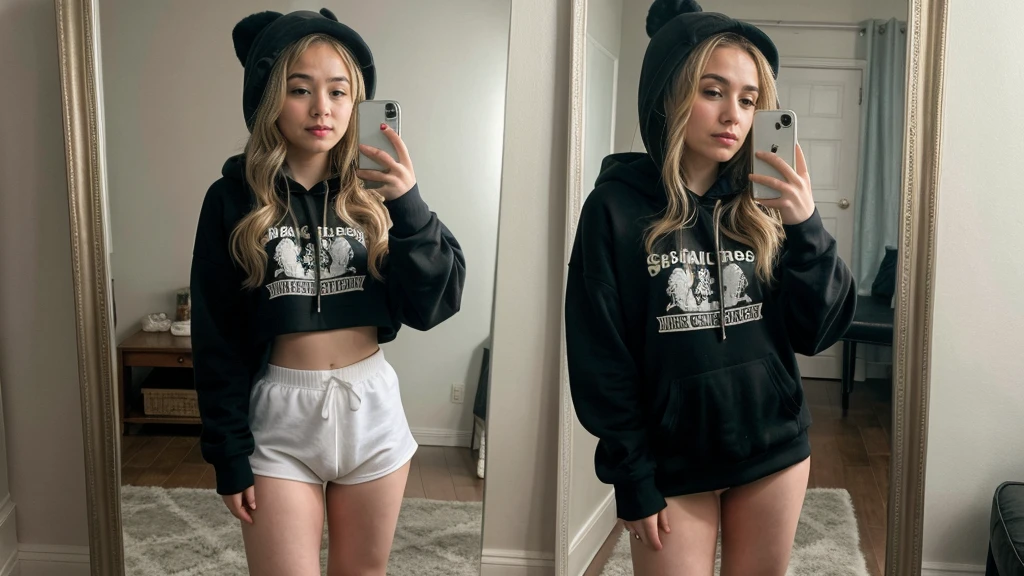 Sabrina Carpenter, no pants, no panties, selfie mirror, backwards, hoodie, socks