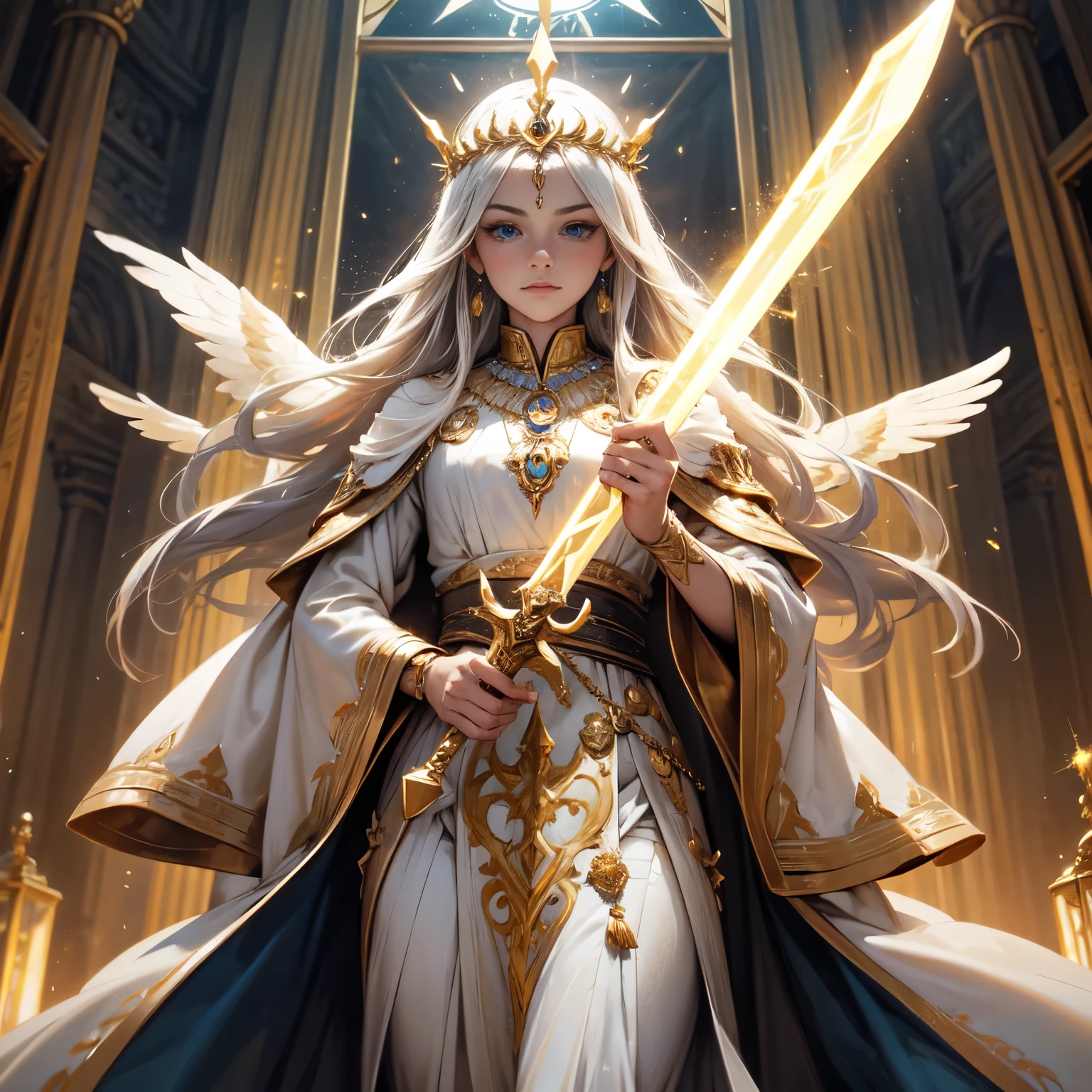 Crie uma imagem digital ultra HD de 8K de um majestoso monarca sagrado celestial de cabelos loiros, long and braided, vestido com trajes de realeza, na torre de vigia do castelo. The monarch has bright blue eyes and pale skin. He is dressed in a royal robe of white velvet with gold and silver trim., Adorned with magical jewels that glow softly. Ele usa uma coroa de ouro com pedras preciosas, gold bracelets on her wrists and a magical amulet around her neck. Na torre de vigia, o monarca empunha a Espada de Zeus. The sword is made of celestial gold and emits golden rays, with divine inscriptions along the blade that shine brightly. The hilt of the sword is adorned with small rays and lightning., simbolizando seu poder supremo. Ele segura a espada em uma pose de alerta, ready to protect your kingdom from imminent threats, while electric sparks dance around you. The Sword of Zeus is known for its ability to control thunder and lightning, e uma aura de poder divino emana dela. The watchtower is sturdy, with windows offering panoramic views of the surrounding lands. Observation equipment, like telescopes and maps, are arranged throughout the room. The environment is lit by magical torches that emit a constant, clear light.. The image should capture the feeling of vigilance and protection of the watchtower, highlighting the monarch&#39;s interaction with the Sword of Zeus.