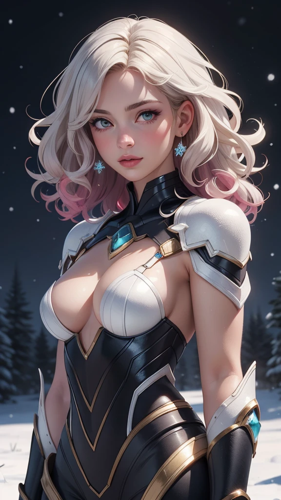 Create beautiful, Realistic fantasy artwork with vibrant jewel tones, Nice shine and shimmer, And a lot of snowflakes. Create a radiant woman with curly hair., metal hair, and realistic textured hair. Her skin is pure white,Seems, glows under the light. A woman's face matters: including ((soft, down jacket, big lips, elegant functionality, And the most beautiful Детальs macro eyes)) in the world. Woman in a winter landscape,Snowflakes and snowflakes gently fall., soft белый мех, Subtle iridescent Детальs, Subtle phantom rainbow Детальs, and delicate and exquisite jewelry,Shimmering under the lights. Includes many small fantasy Детальs,For example, hair spring, fitter, Delicate and charming embroidery, and sparkling luminous lighting. The woman's face is not obscured by Детальs,Her eyes are sharp,Permission высокое. Mix dreamy colors, Dynamic lighting, and Детальed background elements,Create a feeling of awe and immersion. These include colorful flying magical birds and jewel-colored butterflies, exuding magical halos.. Let's look at the latest trends in fantasy art., such as incorporating unique lighting effects, Learn dynamic and compelling composition techniques., And try a unique color palette. Take inspiration from the top artists on ArtStation and Midjourney.. Camera: Choose an angle, which will highlight the beauty of the characters and emphasize the magical grandeur of the work of art.. lighting: Create depth and atmosphere with atmospheric lighting technology. Permission: Aim for high-resolution images,to showcase intricate Деталь and clarity. Artistic inspiration: Get inspiration from popular artists at ArtStation, Explore different styles, genre, and theme. White skin, pale skin, Skin is really pale, The skin is really white, Beautiful eyes, Fantastical Детальs, small with