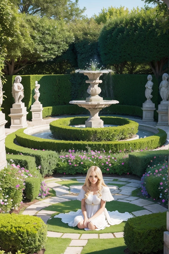 A beautiful garden with angels around a beautiful blonde hair in the middle of the garden 