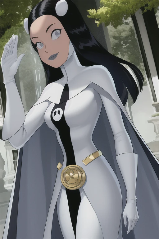 8k,highres,absurdres,masterpiece,best quality,original,extremely detailed CG,extremely detailed wallpaper,perfect, Phantom girl, Tinya Wazzo, solo, girl1, long black hair, bodysuit. grey eyes, smile, ghost logo, grey lips, belt, white cape, white gloves, best quality, masterpiece, cowboy shot, park, forest 