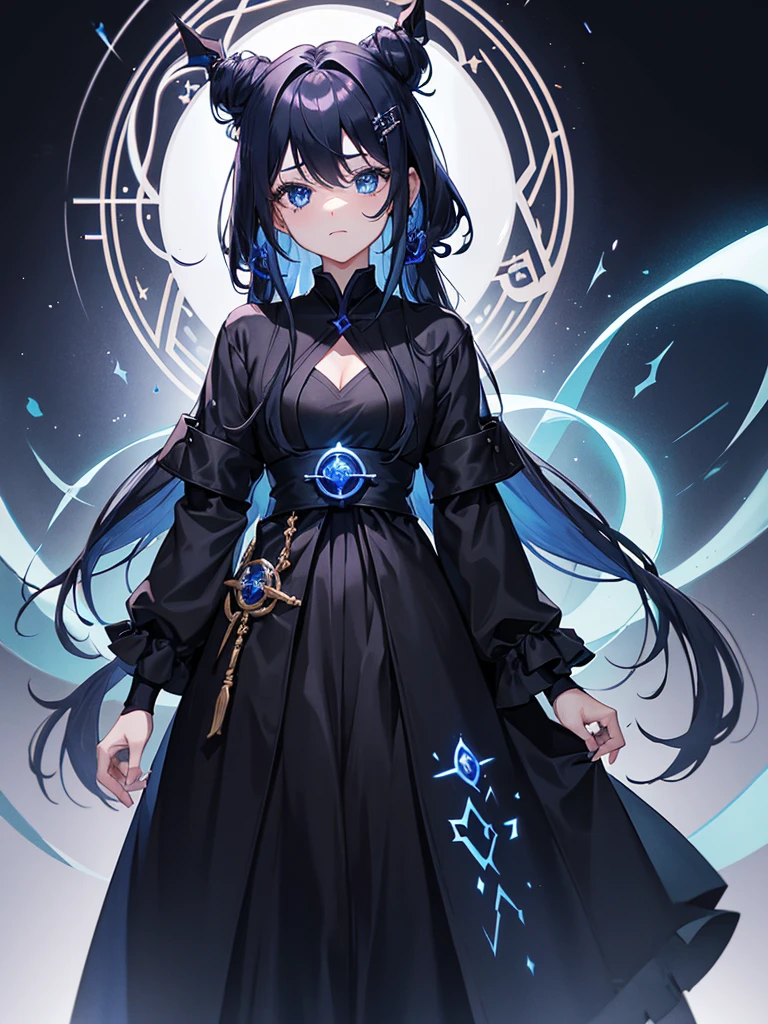 25-year-old girl、Rune background、black magician、Wearing a black robe、mesmerize、cute woman、Elegant hairstyle、indigo hair color、Slightly shorter hair、blue eyes、look at the viewer、masterpiece、Best image、