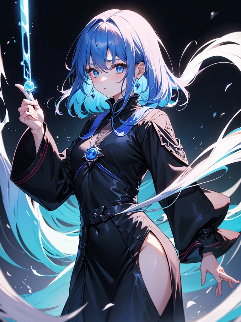 25-year-old girl、Rune background、black magician、Wearing a black robe、mesmerize、cute woman、Elegant hairstyle、indigo hair color、Slightly shorter hair、blue eyes、look at the viewer、masterpiece、Best image、