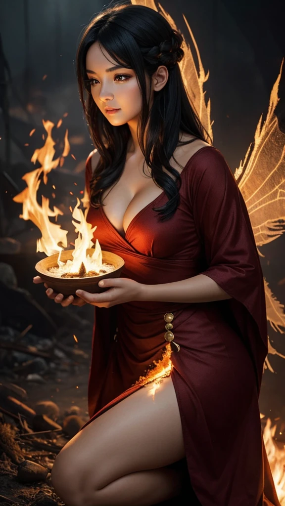 A beautiful black-haired woman transformed into a fire fairy