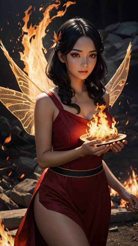 A beautiful black-haired woman transformed into a fire fairy