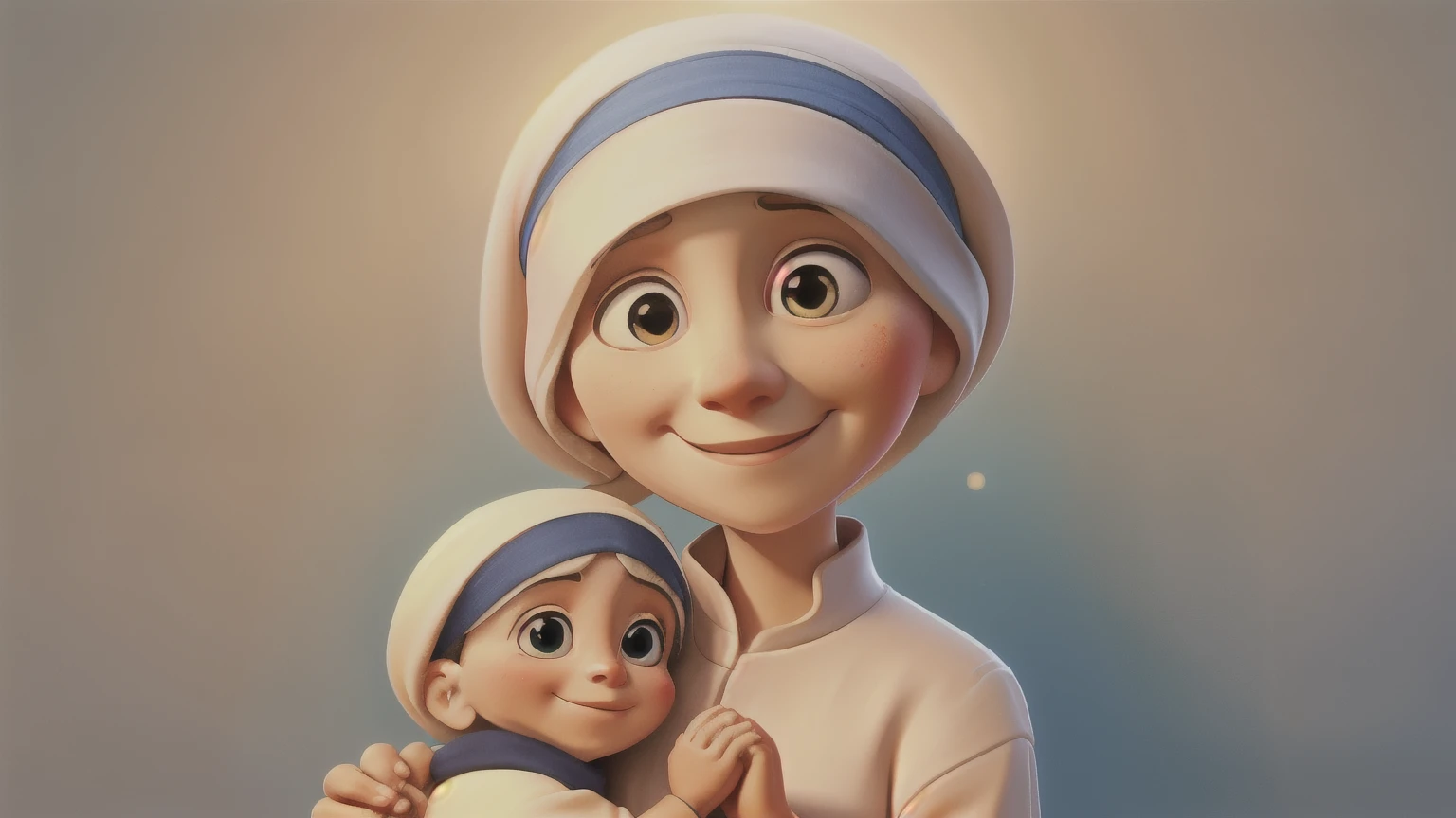 A watercolor painting of Mother Teresa with a serene smile, holding a child's hand, soft lighting, surrounded by a warm glow, conveying compassion and kindness, peaceful atmosphere
