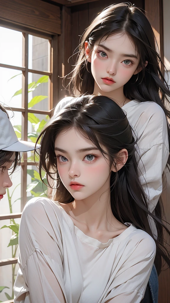 Create an image of a stunning beauty who is half French and half Japanese. She has an exceptionally beautiful face, with striking blue eyes and long, straight blonde hair. She wears a cute dress and has a furrowed brow expression, as if expressing anger and dissatisfaction. Her arms are crossed, and she appears upset. The second person is a man with black hair and long bangs. He wears a T-shirt and denim. His expression looks sad. The composition should depict both of them in an upper body close-up, engaged in an argument. The beauty should be on the right, and the man on the left, facing each other and arguing. Their eyes meet, and they exchange heated words. The background is a room.