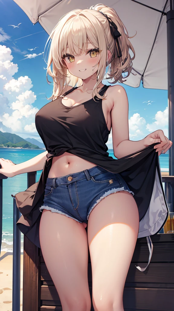 (8K、Highest quality、Highest quality、masterpiece)、Detailed face、One Girl、(Brown Skin:1.2)、Long Hair、Yellow Eyes、Grin、(Black tank top、Denim hot shorts、Mini Shorts、Spread pussy under shorts、frontal wedgie、wedgie、Spread vagina under shorts)、labia view、Beach、cloud、vagina、Spread Vagina、spread pussy、Big Breasts、
