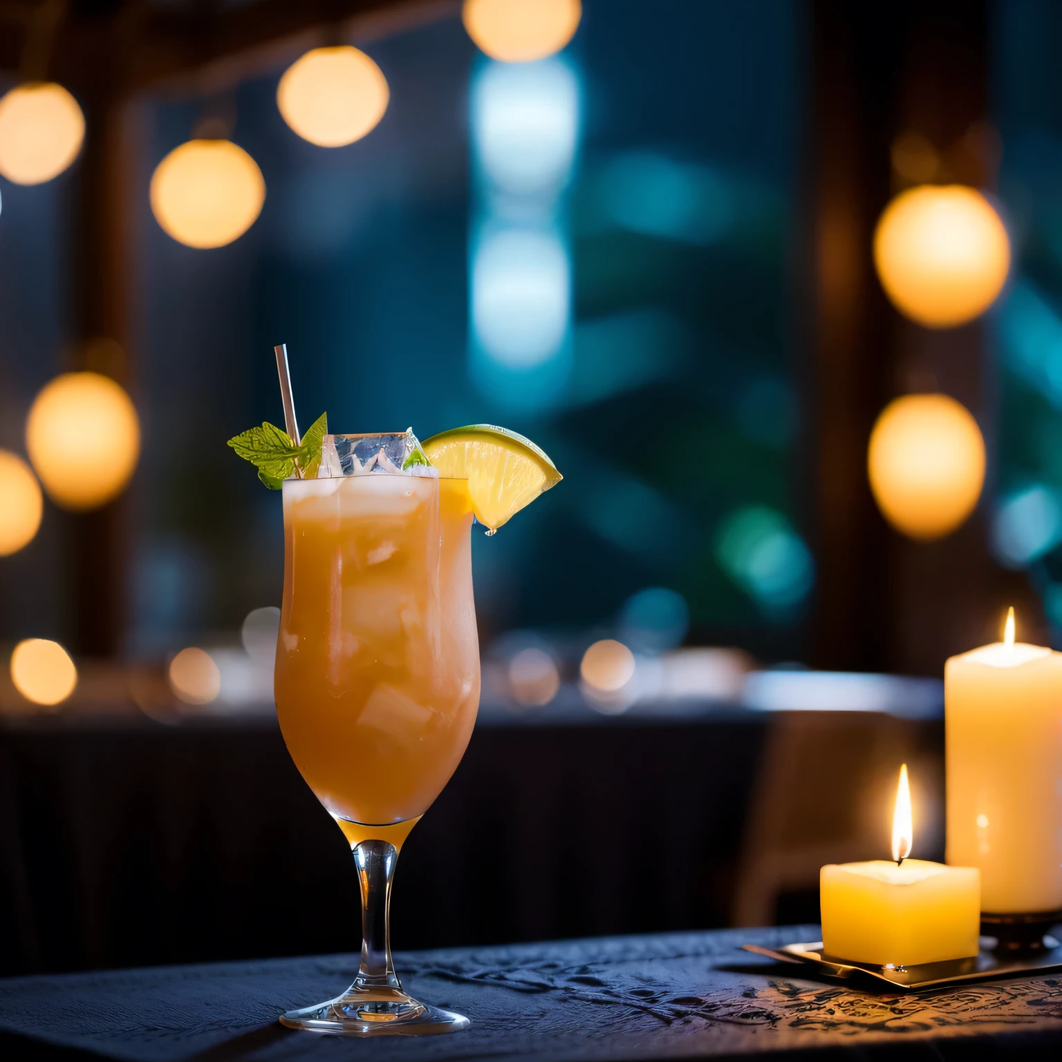 Mai Thai cocktail on a table with an elegant dark blue tablecloth, on one side some lit candles, in the background you can see out-of-focus lights, a romantic atmosphere of a luxury dinner. Photorealistic, detail, raw.