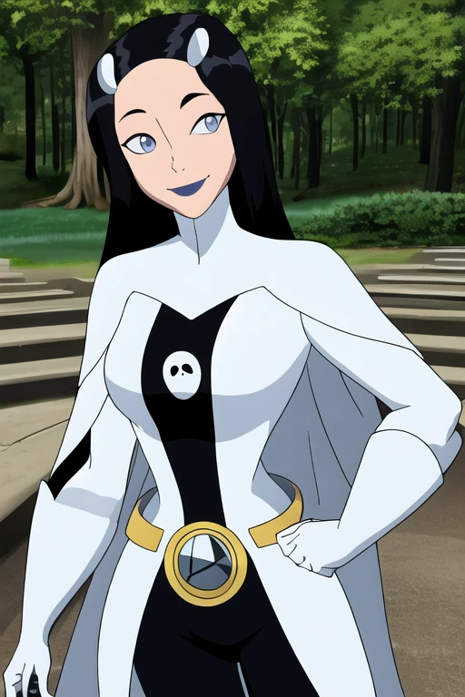 8k,highres,absurdres,masterpiece,best quality,original,extremely detailed CG,extremely detailed wallpaper,perfect, Phantom girl, Tinya Wazzo, solo, girl1, long black hair, bodysuit. grey eyes, smile, ghost logo, grey lips, belt, white cape, white gloves, best quality, masterpiece, cowboy shot, park, forest