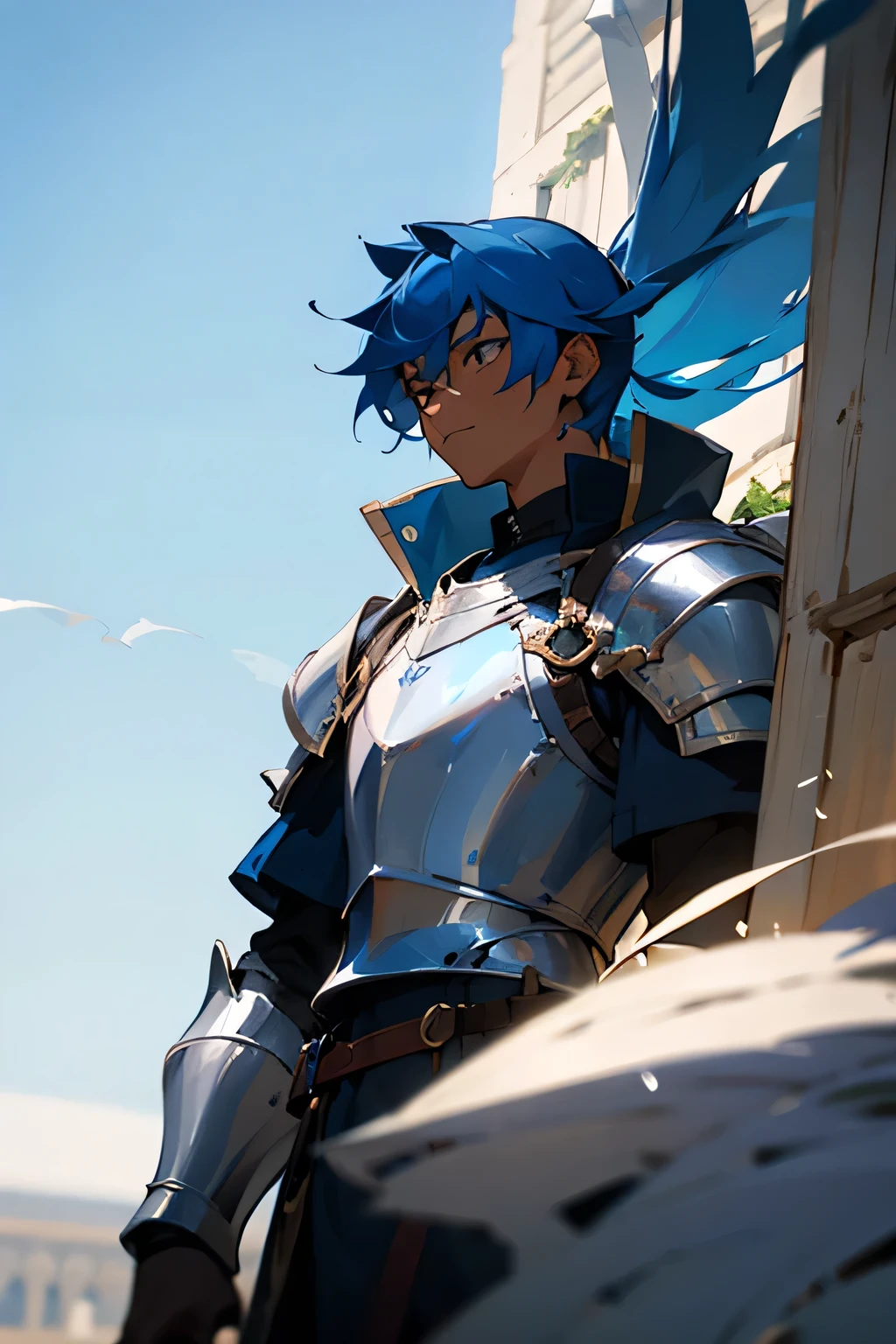 A 15 year old man with blue hair and dark skin looking forward in knight armor 