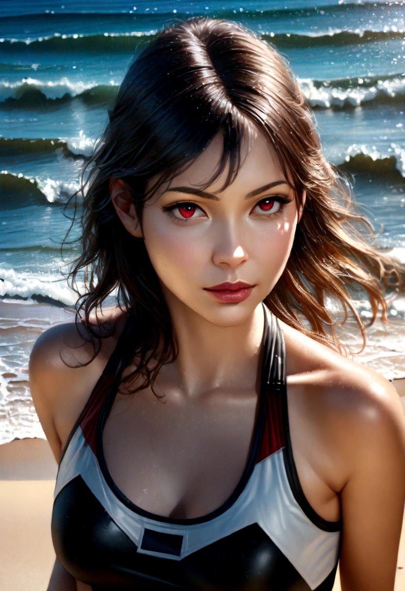 a beautiful girl with black hair and red eyes, in a swimsuit, holding a white rectangular paper towards the camera, by the sea under a blue sky, with sunlight shining and the sea reflecting and sparkling, (best quality,4k,8k,highres,masterpiece:1.2),ultra-detailed,(realistic,photorealistic,photo-realistic:1.37),anime,seascape,beautiful detailed eyes,beautiful detailed lips,extremely detailed eyes and face,longeyelashes,1girl,ocean,waves,sand,sunny day,bright lighting