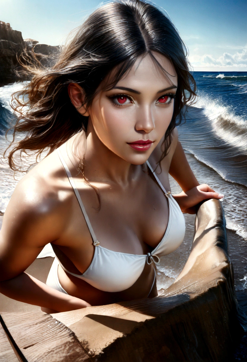 a beautiful girl with black hair and red eyes, in a , holding a white rectangular paper towards the camera, by the sea under a blue sky, with sunlight shining and the sea reflecting and sparkling, (best quality,4k,8k,highres,masterpiece:1.2),ultra-detailed,(realistic,photorealistic,photo-realistic:1.37),anime,seascape,beautiful detailed eyes,beautiful detailed lips,extremely detailed eyes and face,longeyelashes,1girl,ocean,waves,sand,sunny day,bright lighting