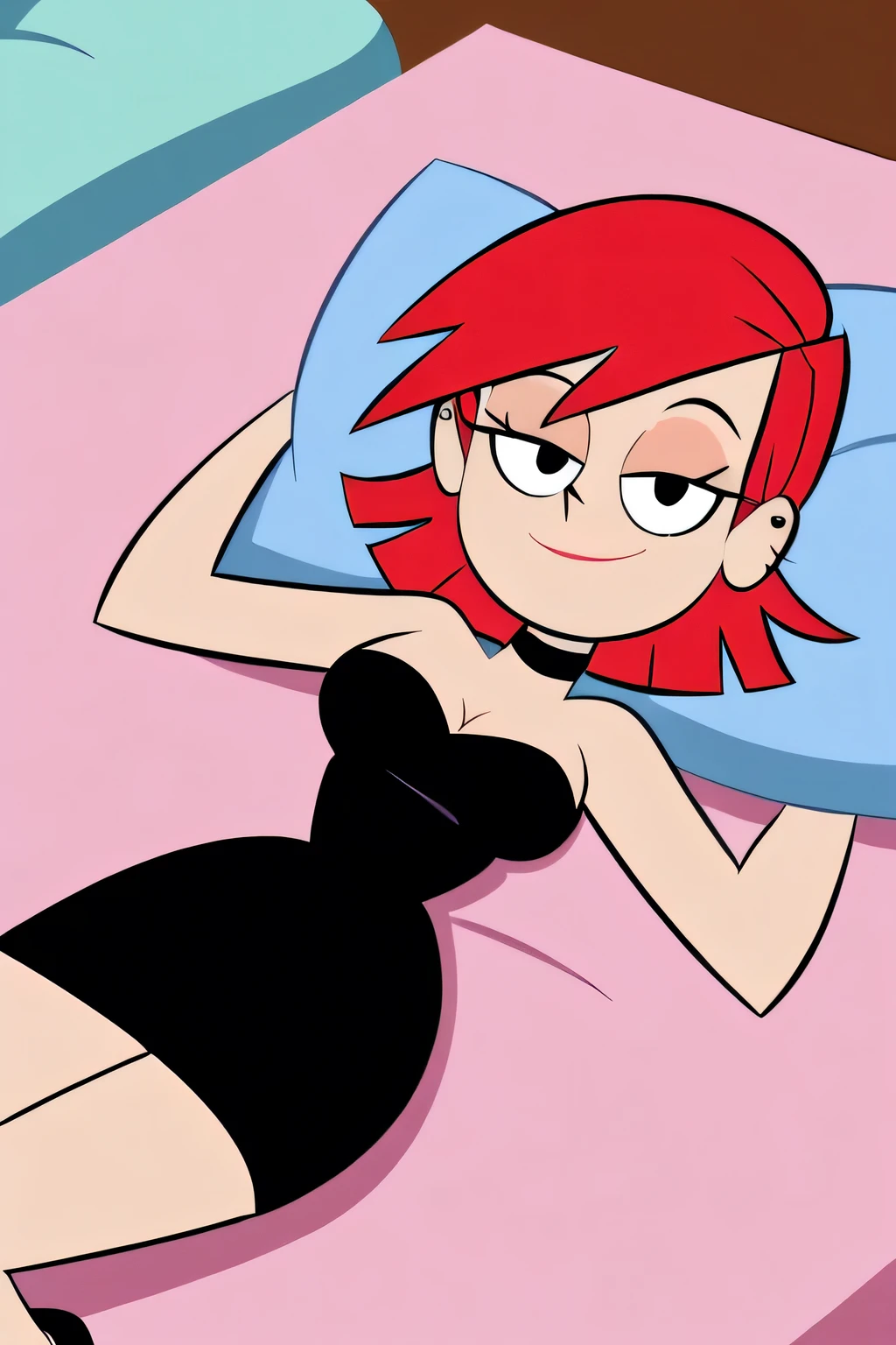 FrankieFoster, red medium hair, red bob hair cut, black eyes, solo, strapless black dress, smug, chocker, beautiful, cleavage, hugging a blue pillow, black chocker, seductive smile, looking at viewers, black high heels, lying on a pink satin sheet-covered bed
