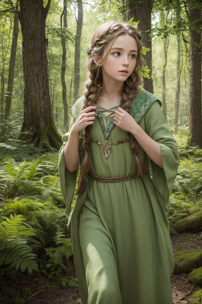 "Draw a young druid communing with nature. He has a youthful face, Marked by deep, green eyes like newly sprouted leaves. Her hair is braided with little wildflowers, and he wears a green linen tunic adorned with patterns of intertwined leaves and roots. around him, forest creatures approach with curiosity, confident in the druid&#39;s friendly presence. Ao fundo, a rainbow appears between the treetops, illuminating your natural sanctuary with vivid, tranquil colors."