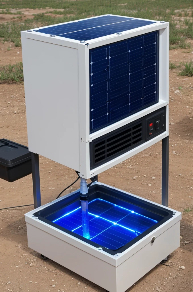 Make me a cooler that looks like a mini fridge and has a solar panel on top, an LED screen and a base to add water and with its water level indicator 