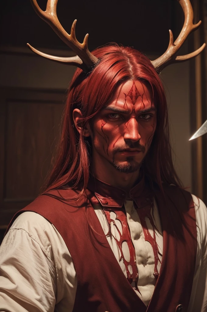 ((best qualityer)), ((work of art)), (detailded), 1 reddish half demon man, steals from a murderer, antlers , a dagger in your hand 