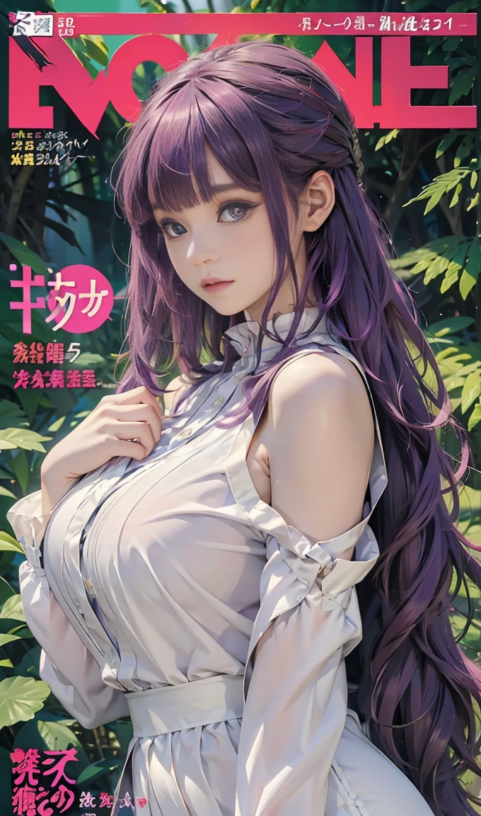 Best quality, Works of masters, A high resolution, 1girl, Super beautiful face, super beautiful eye, Super beautiful purple mohawk hair，(MagazineCover:1.2)，magic caster outfits，Expose shoulders, accentuated super huge enormously gigantic nude  and nipples exposed, beautiful detailed face, beautiful detailed eyes, naked, standing up, sweat, glow, (Character: Fern: Beyong Journey's End)