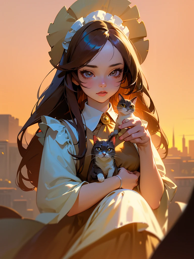 a cute anime girl,1girl,anime style,highly detailed face,beautiful detailed eyes,beautiful detailed lips,extremely detailed eyes and face,longeyelashes,long brown hair,maid outfit,frilly dress,holding a cat,detailed background,fantasy landscape,golden hour lighting,vibrant colors,cinematic lighting,dramatic lighting,digital painting,masterpiece,best quality,8k,highres,photorealistic