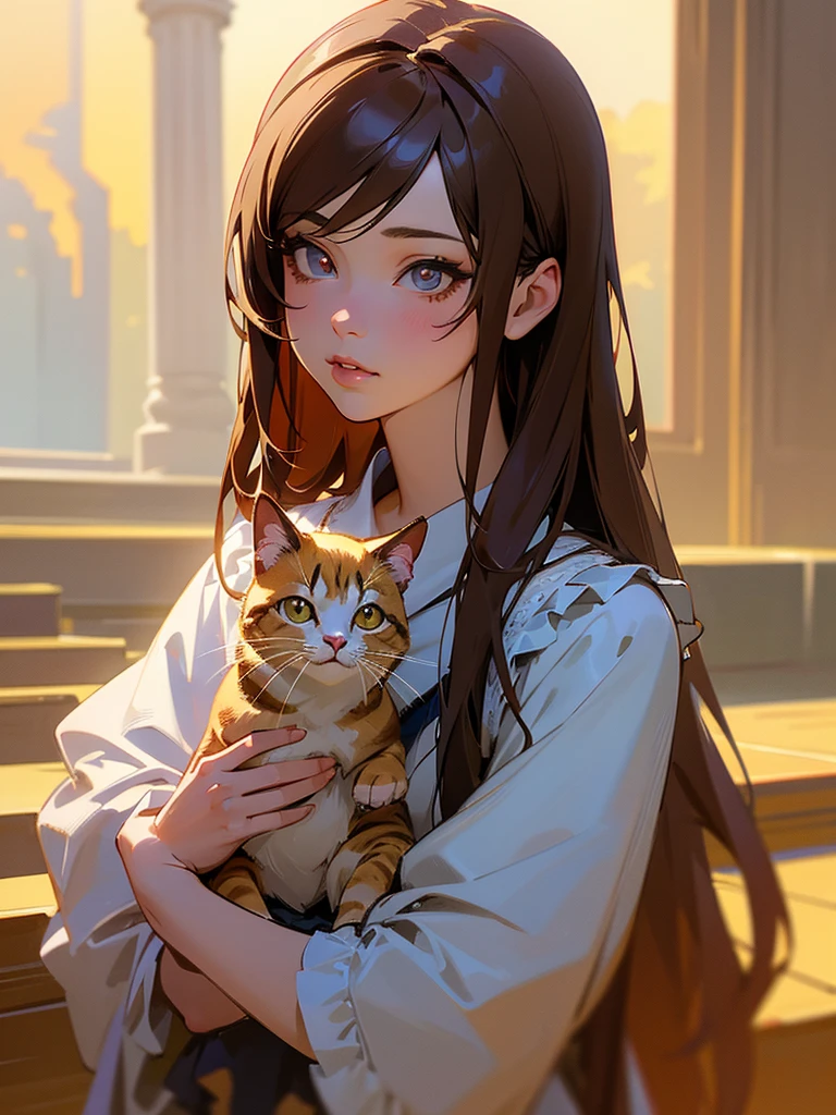 a cute anime girl,1girl,anime style,highly detailed face,beautiful detailed eyes,beautiful detailed lips,extremely detailed eyes and face,longeyelashes,long brown hair,maid outfit,frilly dress,holding a cat,detailed background,fantasy landscape,golden hour lighting,vibrant colors,cinematic lighting,dramatic lighting,digital painting,masterpiece,best quality,8k,highres,photorealistic
