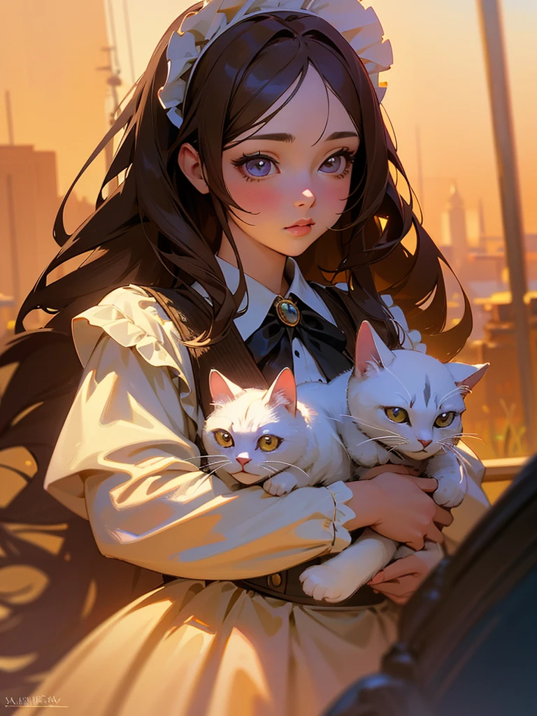 a cute anime girl,1girl,anime style,highly detailed face,beautiful detailed eyes,beautiful detailed lips,extremely detailed eyes and face,longeyelashes,long brown hair,maid outfit,frilly dress,holding a cat,detailed background,fantasy landscape,golden hour lighting,vibrant colors,cinematic lighting,dramatic lighting,digital painting,masterpiece,best quality,8k,highres,photorealistic