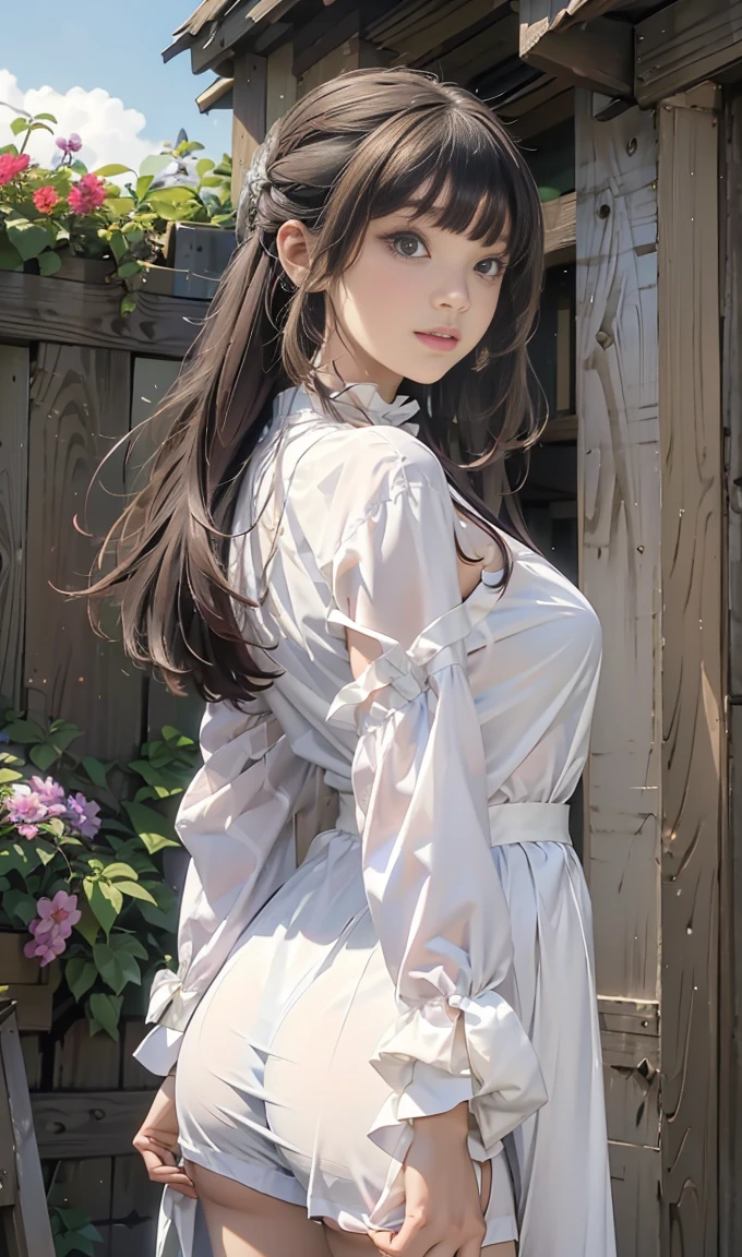 Ultra-realistic 8kCG,tmasterpiece,((hyper detailed background,delicate patterns,intricate-detail)),best qualtiy,extremely detailed man,extremely detailed eye and face,extremely detailed eye,kochou shinobu,O cabelo multicolorido,No bangs,Hair intake,Black eye,Cap,Black shirt,Black panties,(The bikini),butterflys,Strip Strip,(Trepical Garden:1.2),purple flower,Mostly cloudy sky,rays of sunshine,Tyndall effect,gradient_Heaven,faces,Beautiful sky,Saber on the waist,enchanting posture,(large full breasts:1.3),(cleaveage:1.3),(Off-the-shoulder costumes:1.5),ssmile, Appearance from behind, butt sticks out