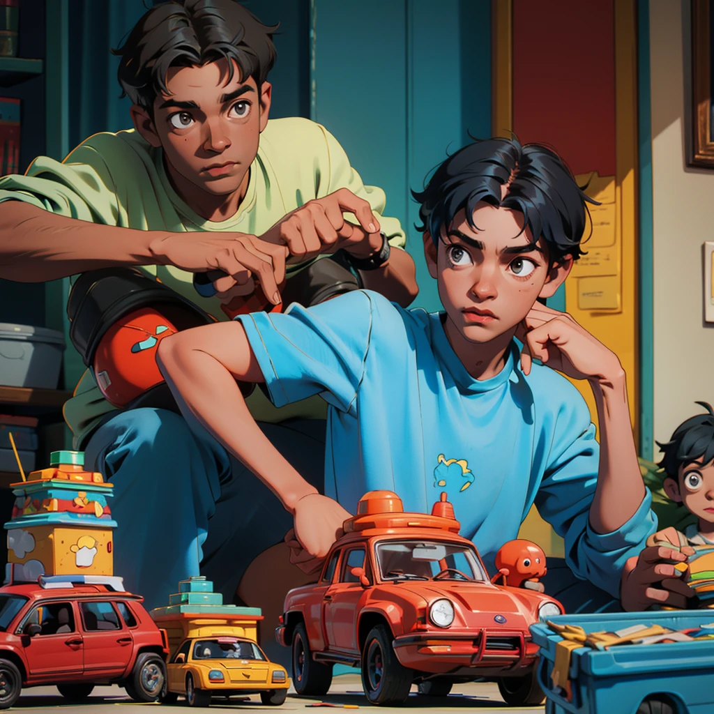 A 13-year-old dark-skinned boy is in a house with his parents and the boy is playing with his toy cars and his parents are not paying attention to him.