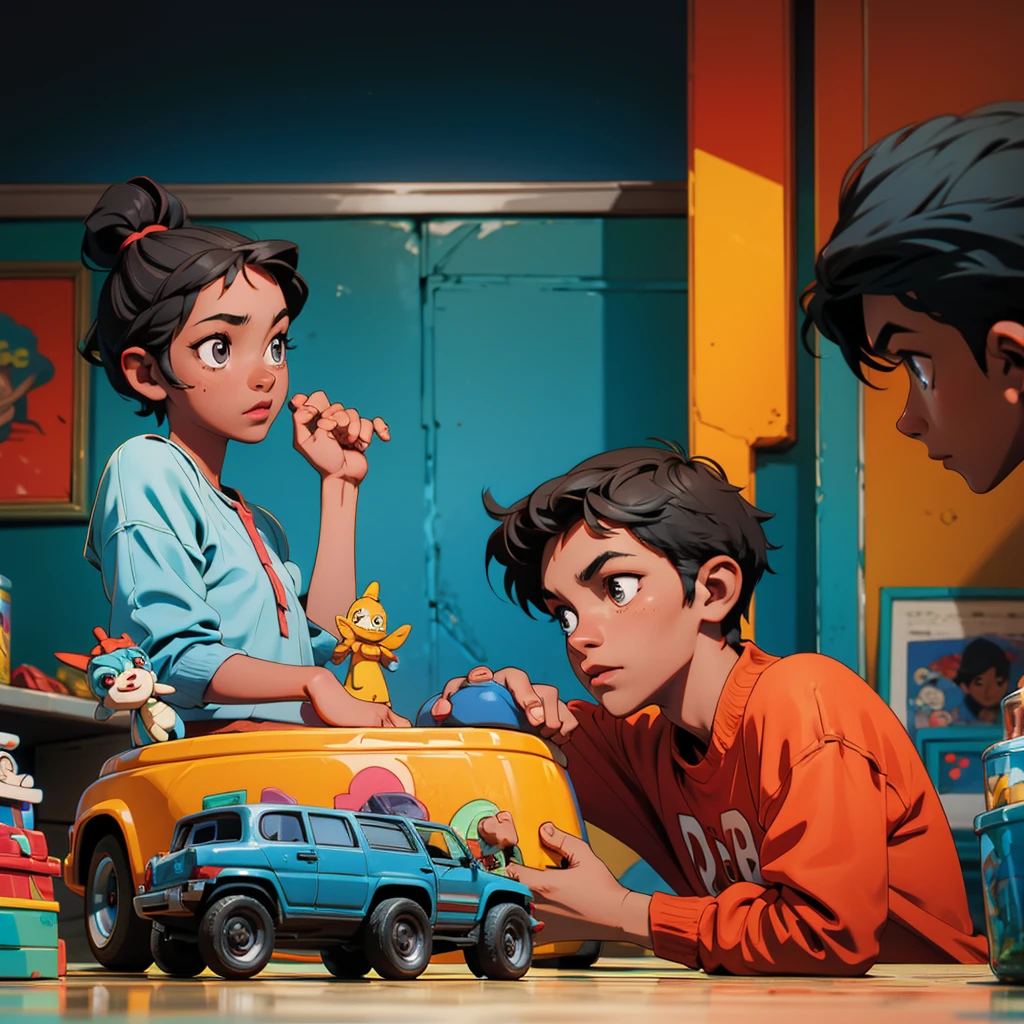 A 13-year-old dark-skinned boy is in a house with his parents and the boy is playing with his toy cars and his parents are not paying attention to him. 