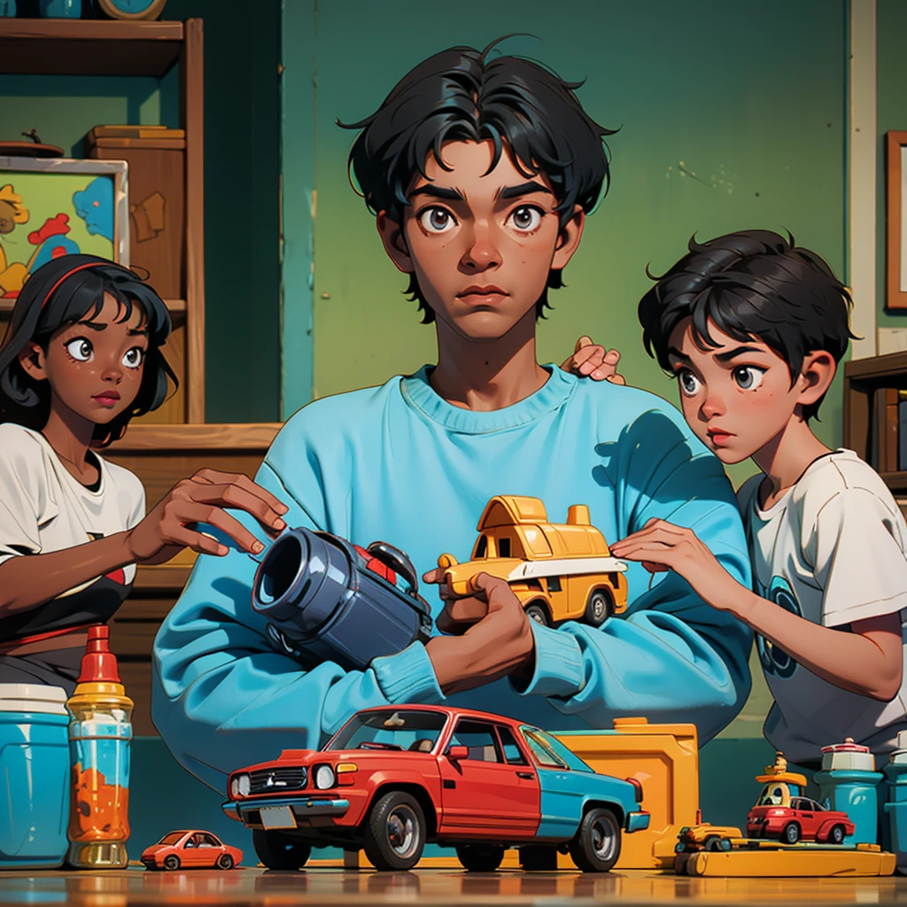 A 13-year-old dark-skinned boy is in a house with his parents and the boy is playing with his toy cars and his parents are not paying attention to him.
