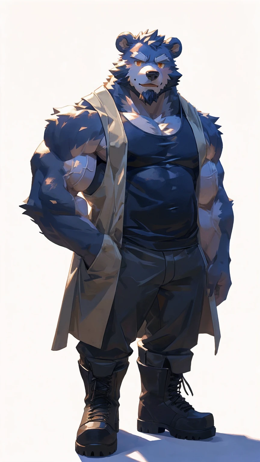 (masterpiece:1.2), best quality,pixiv,official art,perfect anatomy, (Ray tracing, light),solo, (1_male:1.3) , (muscle), (grey fur:1.4), (muscle bear), (beard:1.2), (gleaming golden eyes), bear tail, Thick eyebrows,(open coat), (Tank top inside:1.2), cargo pants, (boots:1.2), (pure white background: 1.3)