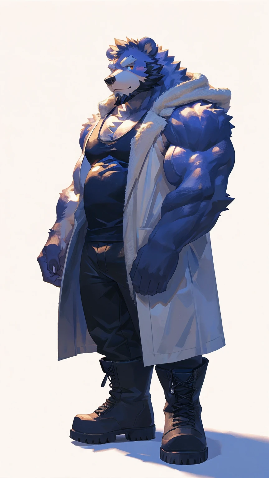(masterpiece:1.2), best quality,pixiv,official art,perfect anatomy, (Ray tracing, light),solo, (1_male:1.3) , (muscle), (grey fur:1.4), (muscle bear), (beard:1.2), (gleaming golden eyes), bear tail, Thick eyebrows,(open coat), (Tank top inside:1.2), cargo pants, (boots:1.2), (pure white background: 1.3)
