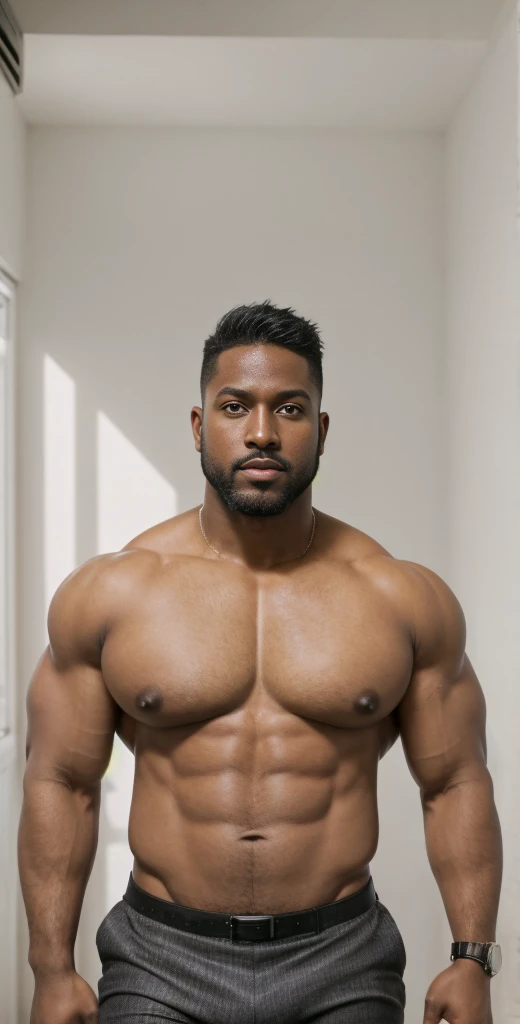 1boy, solo, facial hair, male focus, bulge, pectorals, bara, muscular, mature male, muscular male, abs, beard, nipples, short hair, navel, stomach, large pectorals, thick eyebrows, bare pectorals, dark-skinned male, business suit and tie clothing, erection, thighs, erection under clothes, white shirt, dark skin, open clothes, black bodysuit, pectoral cleavage, cowboy shot, feet out of frame, thick thighs, looking at viewer, business costume, masterpiece, 4k, high quality, highres, absurdres,