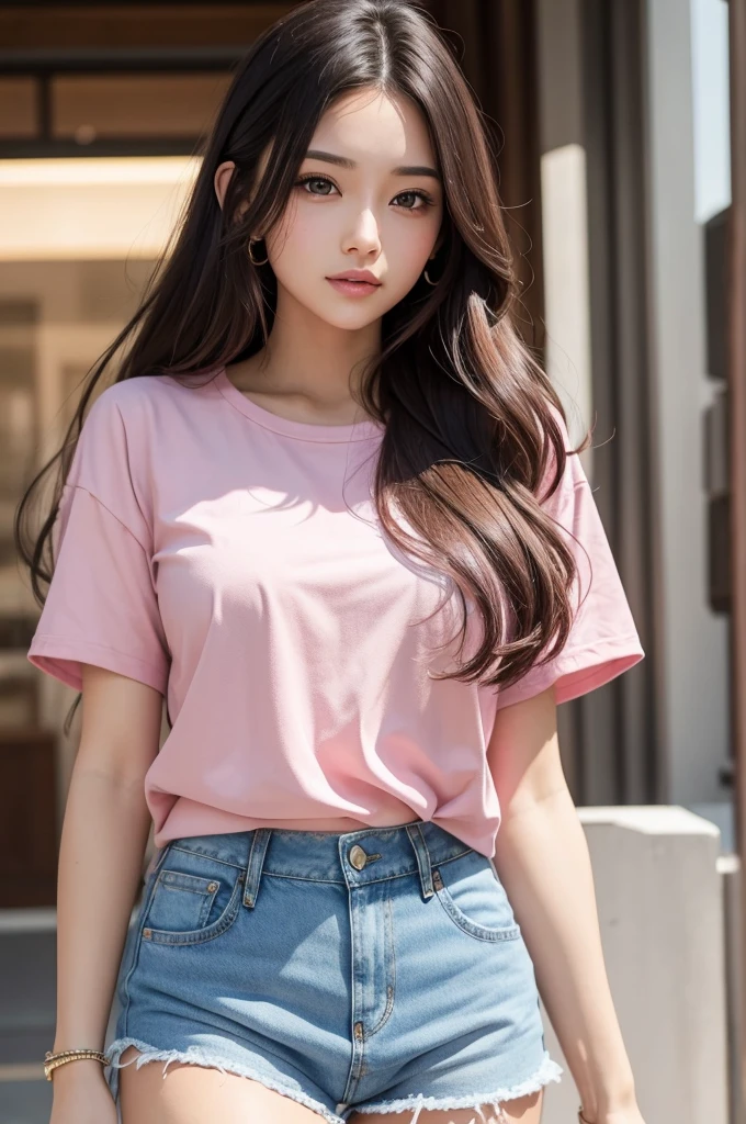 A beautiful and attractive human woman wearing a pink shirt and denim shorts 