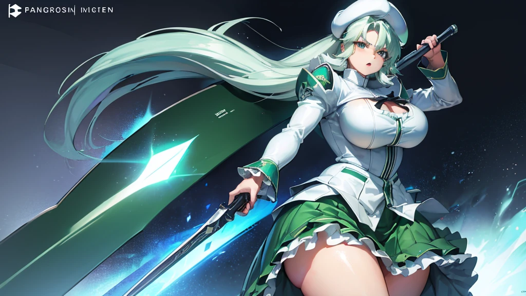 (high detailed)) 27 yo's woman, light cyan hair, Green mini beret, green Pandora's clothes,big And round breasts, gorgeous thicc plump body,angry expression,furious eyes,Green satellizer's outfit,Very long skirt, holding handblade, dynamic pose, action position, perfect anatomy
